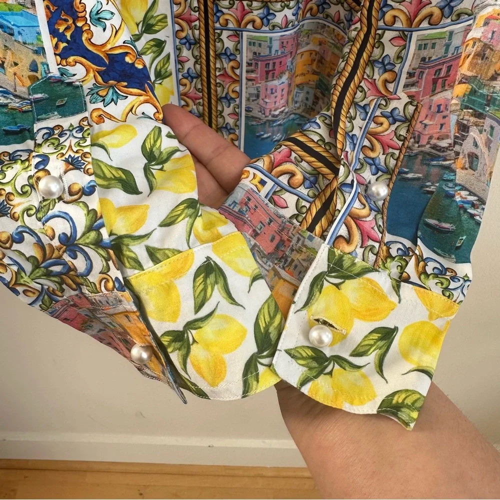 NWT Terez Amalfi Coast Patchwork Print Long Sleeve Blouse Yellow Blue Multi MED - Picture 13 of 16